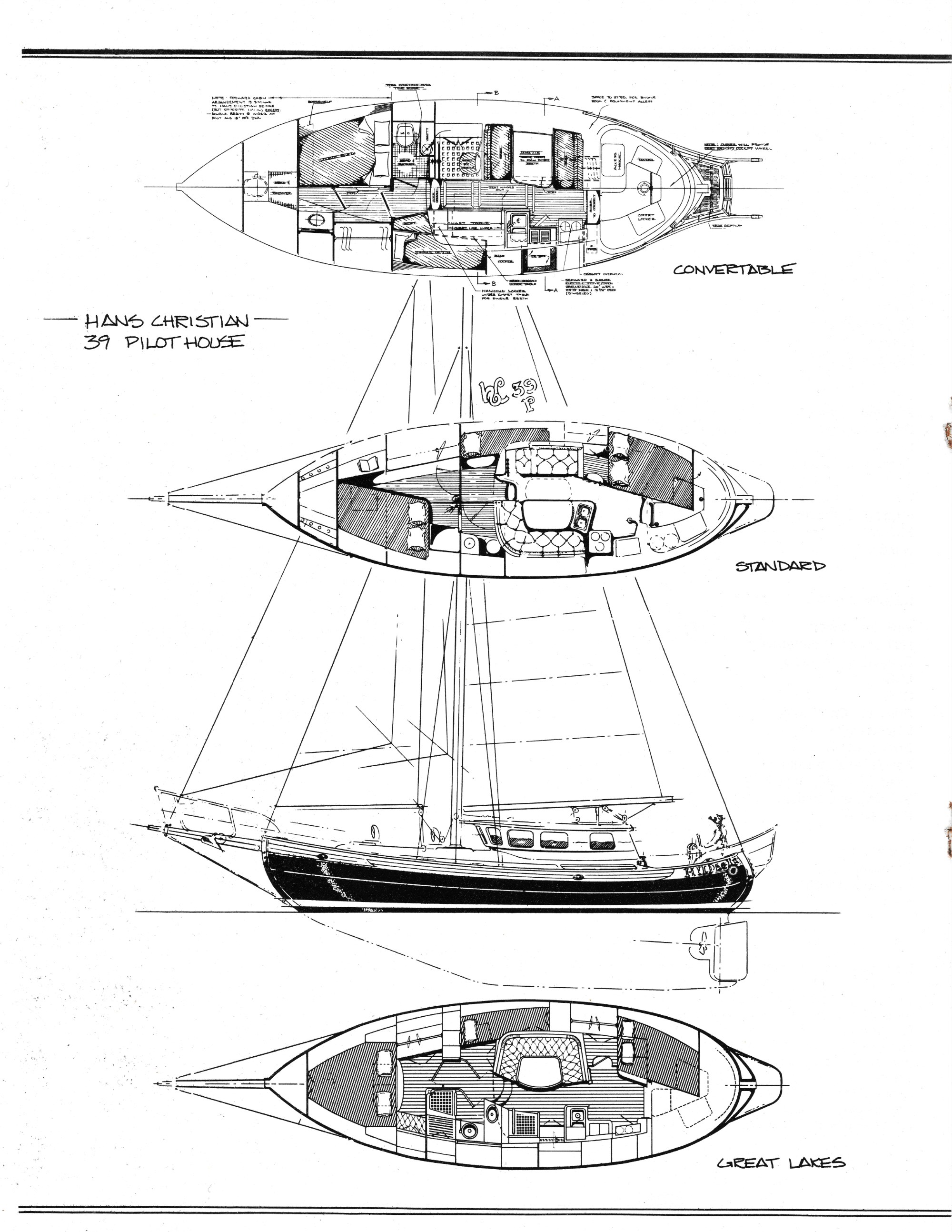 Hans Christian 39 Pilot House sail plan and three accommodation layouts: Convertable, Standard, and Great Lakes.