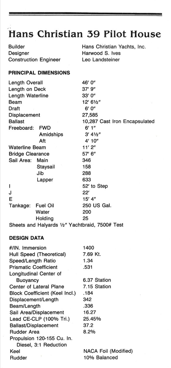 Specifications page from the Hans Christian 39 Pilot House sales brochure: principal dimensions, sail area, tankage, design data.